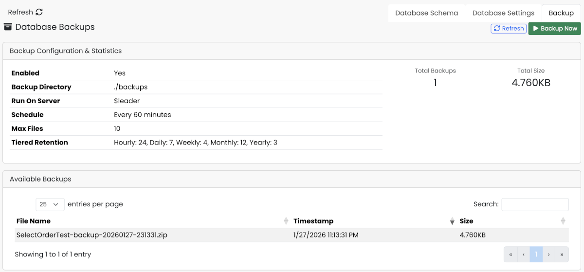 Database Backup Tab