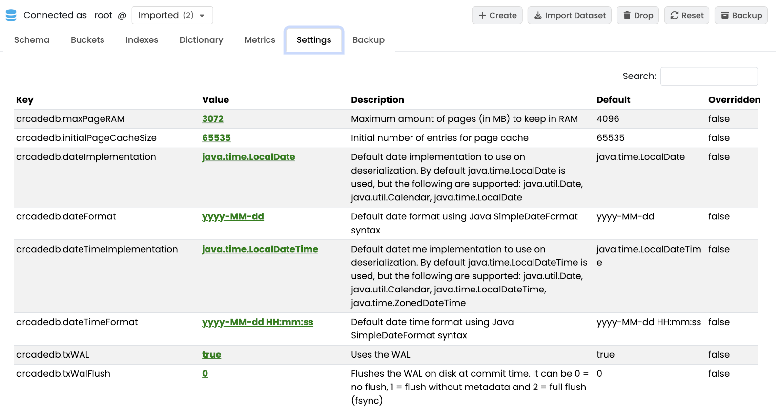 Database Settings sub-tab